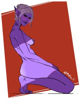alternate_version_available areolae ass baldur's_gate baldur's_gate_3 blush breasts colored dark-skinned_female dark_elf dark_skin drow dungeons_and_dragons elf elf_ears elf_female female fit fit_female forgotten_realms frown glaring hair hair_bun highres looking_at_viewer medium_breasts minthara neck_tattoo nipples nude nude_female on_knees phallus-c pointy_ears purple_skin red_eyes side_view sketch_page solo solo_female toes white_hair