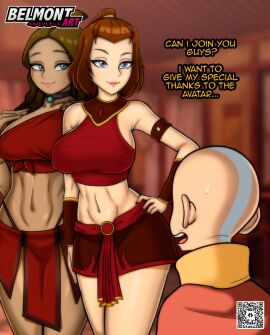 1boy 2girls aang avatar_the_last_airbender belmont clothing erect_nipples erect_nipples_under_clothes female katara pose posing suki sweat sweatdrop