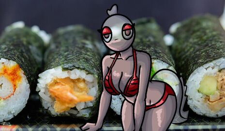 1girls bald bald_female bending_over bikini bored_expression bra breasts brown_eyes chetoh clear_skin cleavage female female_focus female_only looking_at_viewer oc original original_character panties photo_background red_bikini red_bra red_panties soy_sauce sushi_roll