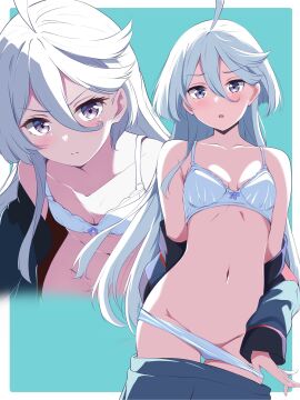 1girls absurd_res absurdres ahoge antenna_hair bare_arms bare_belly bare_chest bare_hands bare_hips bare_midriff bare_navel bare_shoulders bare_skin bare_thighs bare_torso belly belly_button blue_background blush blush_lines blushing_at_viewer blushing_female borgbutler bra breasts cleavage collarbone dot_nose embarrassed embarrassed_female exposing exposing_breasts exposing_chest exposing_self eyebrows_visible_through_hair female female_focus female_only fingernails fingers flat_belly flat_chest flat_chested frown frown_eyebrows frowning frowning_at_viewer groin gundam gundam_suisei_no_majo hair_between_eyes half_naked head_tilt high_resolution highres leaning_forward legs light-skinned_female light_skin long_hair looking_at_viewer miorine_rembran navel open_mouth panties parted_lips petite petite_body petite_breasts petite_female purple-eyed_female purple_eyes pussy shoulders simple_background skinny skinny_female skinny_waist skirt skirt_removed slender_body slender_waist slim_female slim_waist small_breasts solo standing thick_thighs thighs thin_waist tilted_head tongue underboob underwear undressing undressing_self upper_body v-line white-haired_female white_bra white_eyebrows white_hair white_panties white_underwear wide_hips