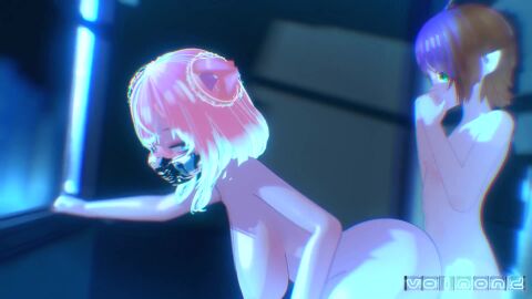 1boy 1girls 3d 3d_animation big_ass big_breasts blue_eyes brown_hair cum_inside facemask female_on_femboy femdom good_boy green_eyes grinding hand_on_window hands_on_hips kemonomimi kleinvoimond moaning pink_hair pinned_to_wall pointed_ears praise short_hair shy tagme train_interior video voimond voimond_vhirra vtuber