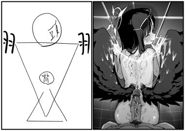 1boy against_wall asahina_yoshitoshi bent_over blue_archive blush completely_nude cum cum_on_back cum_on_body cum_on_wings cum_string erection eyewear_on_head female greyscale grin halo highres ichika_(blue_archive) long_hair monochrome nude penis penis_on_ass smile straight sunglasses uncensored wings