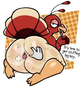 anthro ass avian beak big_ass big_butt bird bodily_fluids digital_media_(artwork) feathers female galliform genital_mouth hi_res lewdewott looking_at_viewer looking_back miitopia multicolored_body nintendo open_mouth phasianid red_body simple_background solo spread_ass spread_butt spread_mouth spreading sweat tail tail_feathers tan_body text thick_thighs tongue turkey twerkey white_background