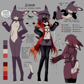 ass black_bra black_collar black_gloves black_mask blood_on_hands body_fur bondage bra breasts bug claws coat collar countershading dildo english_text female fly full_body furry furry_female gloves grey_background guro harness highres implied_bisexual jejejunum jejenum_(jejejunum) knife nipples original purple_fur purple_hair rabbit_girl red_coat reference_sheet scar scar_across_eye scar_on_face scar_on_stomach sex_toy small_breasts smile standing underwear venus_symbol