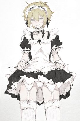 basil_(omori) blonde_hair blush blushing_at_viewer femboy lifting_skirt maid maid_headdress maid_outfit maid_uniform male omori panties presenting revealing_panties rowanzzz solo_male stockings submissive submissive_male white_panties