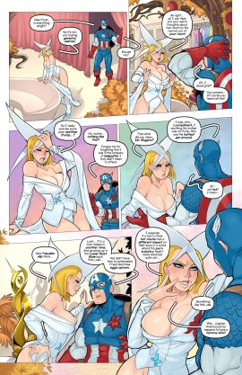1boy 1girls canonical_outfit captain_america captain_america_(series) comic confrontation embarrassed embarrassed_female embarrassed_male emma_frost freudian_slip imminent_sex incestuous_desire krakoa large_breasts marvel marvel_comics porn_comic private_room pulled_aside scene_reference seductive seductive_look seductive_pose sensual steve_rogers tracyscops x-men