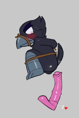 2:3 animal_dildo animal_sex_toy anthro avian balls beak bird blush bodily_fluids bound brawl_stars corvid corvus_(genus) crow crow_(brawl_stars) dildo equine_dildo feathers genitals hi_res male oscine passerine sex_toy solo supercell_(company) sweat yaksicle