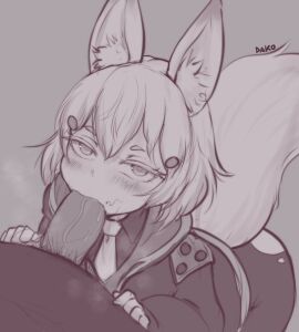 1boy 1girls absurdres animal_ears blush collared_shirt dako dakosito erection fellatio female fox_ears fox_girl fox_tail greyscale highres jacket long_sleeves male monochrome necktie oral pantyhose penis phase_connect phase_origins shirt short_hair simple_background solo_focus straight tail tenma_maemi torn_clothes torn_pantyhose uncensored virtual_youtuber