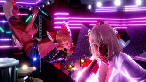 3d ass bimbo bimbo_body female hoshiguma_yuugi huge_ass midriff motor_okaki navel reimu_hakurei shameimaru_aya thick_thighs touhou wide_hips