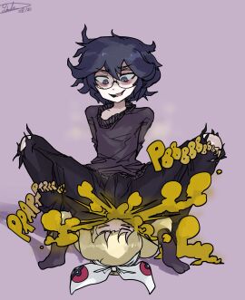 1boy 1girls bulge facesitting fart fart_cloud fart_fetish farting farting_in_face farting_on_another female femboy femsub genderswap genderswap_(ftm) girly glasses hex_maniac male male_fart maledom pokemon purple_hair rule_63 squatting twink usagaijin