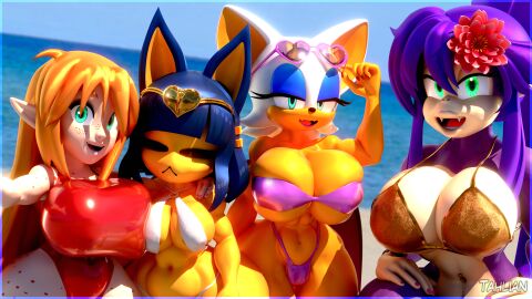 3d 3d_model 4girls animal_crossing ankha ankha_(animal_crossing) ankha_(vonvivianov) anthro bat beach big_breasts bikini breasts busty chiropteran cleo_claws_(vonvivianov) crossover doubutsu_no_mori felicia_(tahlian) feline female female_only freckles huge_breasts kabalmystic kiki_(tahlian) large_breasts mobian mobian_(species) mobian_bat multiple_females multiple_girls nairu_(doubutsu_no_mori) nintendo original outdoors primate rouge_the_bat rouge_the_bat_(kabalmystic) sega sonic_(series) sonic_adventure_2 sonic_the_hedgehog_(series) swimsuit tahlian thick_thighs vonvivianov wide_hips