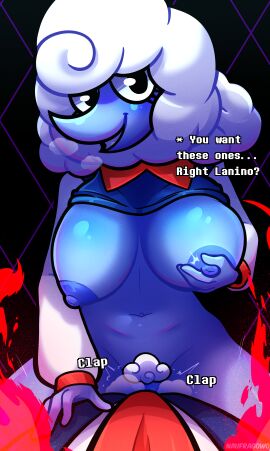 blue_skin breast_grab breast_squeeze breast_squish breasts breasts_bigger_than_head breasts_out cloud deltarune deltarune_chapter_3 elnina_(deltarune) female lanino_(deltarune) large_breasts naufragonsfw pov undertale undertale_(series) white_hair