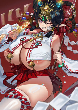 absurdres areola_slip ass bare_shoulders bell black_hair borrowed_character bow breasts cleavage clenched_teeth commission covered_erect_nipples cowboy_shot curvy detached_sleeves feipin_zhanshi female female_focus gauze gauze_on_cheek gohei gradient_background hair_ornament hairpin highres holding holding_ofuda hollow_shine huge_breasts japanese_clothes jewelry large_areolae long_hair looking_at_viewer miko mole mole_under_eye motion_blur one_eye_closed original original_character pointy_ears purple_eyes red_background red_skirt revealing_clothes shiny_skin skindentation skirt smile solo star_(symbol) teeth thick_thighs thighhighs thighs underboob white_sleeves white_thighhighs wide_hips