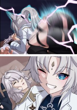 1boy 1girls 2024 2koma afterimage animal_ear_fluff animal_ears ass comic cowgirl_position exhausted feixiao_(honkai:_star_rail) female forehead_jewel fox_ears gloves grin guy_tired_after_sex_(meme) hair_over_one_eye hi_res high_ponytail honkai:_star_rail honkai_(series) jewelry jing_yuan long_hair looking_at_viewer luizhtx male meme motion_blur motion_lines outfucked_male parted_bangs ponytail sex smile speed_lines straight sunken_cheeks super_speed white_hair