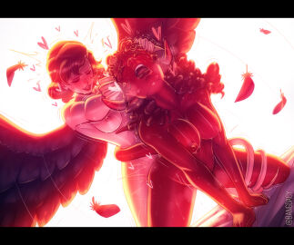 2girls absurd_res ambiguous_penetration angel artist_name bangdacy bed bed_sheet big_breasts black_hair breasts closed_eyes color curly_hair devil feathered_wings feathers female from_behind futa_on_female futanari happy_sex highres horn horn_grab implied_futa implied_penetration intersex kneeling large_breasts letterbox lighting long_hair nipples original original_character romantic romantic_couple saliva_string smile stained_sheets sweat_stain tail tail_around_partner tail_wrap watermark white_background wings yuri