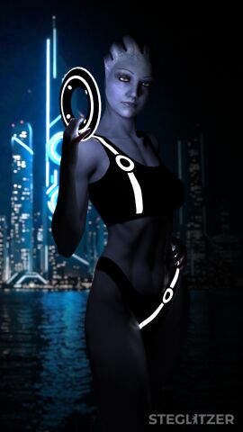 1girls 3d artist_name asari black_panties blue-skinned_female blue_skin female liara_t'soni mass_effect panties pinup solo sports_bra steglitzer tron tron_legacy
