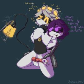 1boy 1girls 2d covered_crotch disassembly_drone drool english_text female femdom glitch_productions humanoid humanoid_female humanoid_male long_tongue male malesub murder_drones n_(murder_drones) naked nebulastr robot robot_boy robot_girl robot_humanoid robots screen_face straight tail tail_wag text tied_up uzi_(murder_drones) vibrator worker_drone