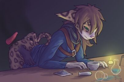 5_fingers against_furniture against_surface against_table alchemist alchemy animal_genitalia animal_penis anthro ass bent_over bethesda_game_studios biped bodily_fluids bottle breasts brown_body brown_fur brown_hair candle cheek_tuft claws clothed clothing clothing_lift container countershading dawnlux digital_media_(artwork) disembodied_hand disembodied_penis dress dress_lift duo erection facial_tuft felid feline female fingers fluffy fluffy_butt fluffy_tail from_behind_position fur furniture genital_fluids genitals grabbed green_eyes hair imminent_rape imminent_sex khajiit ma'isha male mammal markings microsoft morrowind mortar_and_pestle multicolored_body multicolored_fur multicolored_tail oblivion over_table penis pink_nose potion potion_bottle precum questionable_consent sad scarf sex skyrim solo_focus spilled_liquid table tail tail_markings the_elder_scrolls topwear tuft two-tone_body white_body white_fur