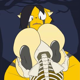 1:1 2024 animated animated_skeleton anthro areola big_areola big_breasts black_hair bone breasts dark_areola digital_media_(artwork) duo eye_markings felid female frown fur furry grey_areola grey_ear_tips grey_markings hair hair_over_eye huge_breasts inverted_nipples looking_down_at_another mammal markings motorboating multicolored_body multicolored_fur narrowed_eyes nipples one_eye_obstructed open_mouth outside overweight overweight_anthro overweight_female pantherine parfait_(plaga) plaga plant pupils skeleton slit_pupils smitty_werbermanjensen tan_body tan_fur tan_inner_ear tiger tree undead wide_hips yellow_body yellow_ears yellow_face yellow_fur