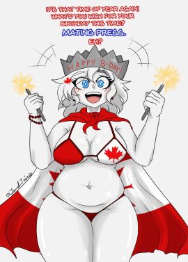 1girls 2d 4th_of_july alternate_universe au big_breasts bikini blue_eyes breasts canada canada_(countryhumans) canada_(egobuzz) canadian_flag canadian_flag_bikini countryhumans countryhumans_girl curvy dialogue english_text female female_focus female_only flag_bikini lewd_juice light-skinned_female light_skin looking_at_viewer maple_leaf national_personification offscreen_character pale-skinned_female pale_skin partners smile solo sparkler talking_to_viewer text united_states_of_america_(countryhumans) white_background white_body white_hair wide_hips