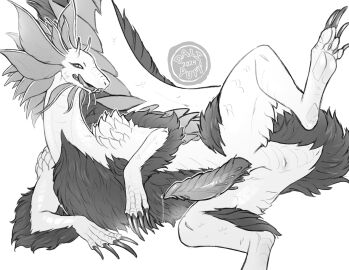 animal_genitalia anus bodily_fluids claws dalipuff digital_media_(artwork) dragon dripping erection feral fur furred_dragon furred_scalie genital_fluids genitals greyscale hi_res horn leaking_precum male monochrome mythological_creature mythological_scalie mythology penis precum precum_drip presenting presenting_penis scales scalie toe_claws whiskers