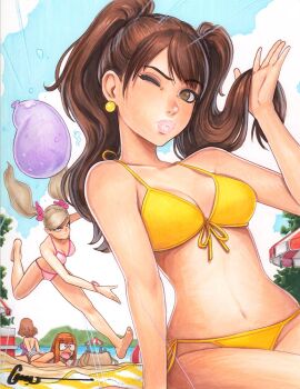 4girls alternate_costume ann_takamaki atlus breasts clothing eyewear female female_only haru_okumura human kujikawa_rise omar_dogan pale_skin persona persona_4 persona_5 sakura_futaba swimsuit swimwear tagme