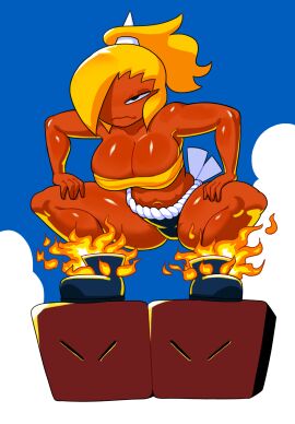 1girls ass big_breasts block boots breasts female flame flames fundoshi horn mario_(series) mawashi minus8 no_pants outdoors platform serious sky solo spread_legs squatting sumo sumo_bro super_mario_bros. super_mario_world thick_thighs thong tubetop yellow_hair