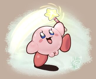 artist_logo blue_eyes blush casual female footwear genitals hi_res kirby kirby_(series) logo nintendo nudist open_mouth pink_body plump_labia pussy raised_leg signature simple_background smile solo star_rod tongue waddling_head wand what wolps