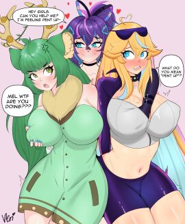 3girls arielle_(vtuber) female fully_clothed groping haruka_karibu melody_(projektmelody) projektmelody revi_lewds veridrws virtual_youtuber vshojo
