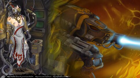 1girls adeptus_mechanicus alternate_version_available black_hair breast_tattoo breasts broken_helmet broken_visor closed_eyes cybernetics english_text eyes_closed female female_only grey_eyes helmet image_set imperium_of_man kef34 light-skinned_female mech mecha nipple_piercing nipples one_breast_out permanent_bondage piercing quadruple_amputee robe robot short_hair shoulder_tattoo solo solo_female suspended tattoo text titan_(warhammer_40k) torn_clothes warhammer_(franchise) warhammer_40k warhound_titan