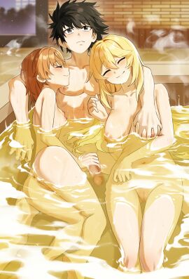 1boy 2girls absurdres anus ass black_eyes black_hair blonde_hair breast_grab breasts brown_hair censored closed_mouth female ffm_threesome grabbing_another's_breast groping group_sex handjob highres human human_female kamijou_touma long_hair male medium_hair misaka_mikoto mosaic_censoring multiple_females multiple_girls navel nipples onsen penis pussy shokuhou_misaki small_breasts smile steam straight teenage_female teenager threesome to_aru_kagaku_no_mental_out to_aru_kagaku_no_railgun to_aru_majutsu_no_index toaru_majutsu_no_index waligner water wet