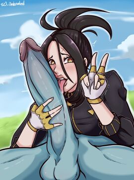 1boy 1girls 2022 balls big_penis black_hair dendra_(pokemon) female game_freak generation_1_pokemon licking licking_penis light-skinned_female light_skin machamp male open_mouth penis pokemon pokemon_(species) pokemon_sv pokephilia s0_underrated scar sidelocks tagme tongue tongue_out upper_teeth