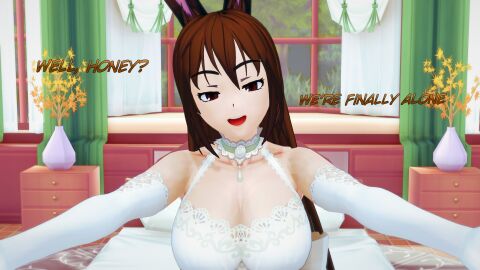 1boy 1girls brown_eyes brown_hair bunny_ears bunny_girl cleavage dialogue dress faceless_male female indrick_[artist] male married pov rwby velvet_scarlatina wedding_dress