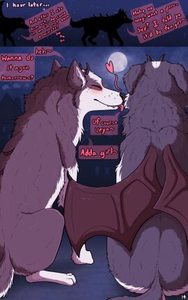 alaskan_malamute blush border_collie building canid canid_demon canine canis collie comic demon dialogue domestic_dog duo female feral floppy_ears fluffy fluffy_tail heart_symbol hellhound herding_dog hi_res horn house husky kissing kissing_cheek leyrune_(parooty) light mammal moon moonlight mythological_canine mythological_creature mythology neck_tuft neighborhood night nordic_sled_dog outside parooty pastoral_dog red_eyes sheepdog sitting speech_bubble spikes spitz succubus tail tuft veya_(parooty) wings