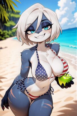 1girls 4th_of_july 8k ai_generated american_flag_bikini anthro_female anthro_furry anthro_only apple beach beachside bikini blue_eyes cute cute_fangs cute_female cute_furry day daytime female female_focus fourth_of_july furry furry_female furry_only hi_res high_quality high_resolution hires holding_apple hourglass_figure looking_viewer narrow_waist original_character patriotic patriotic_clothing scarred scars scars_all_over sexy sexy_body sexy_female sexy_pose sharp_teeth short_hair smile smiling solo solo_female solo_focus stars stars_and_stripes stripes teeth underboob united_states_of_america upscaled white_hair wide_hips