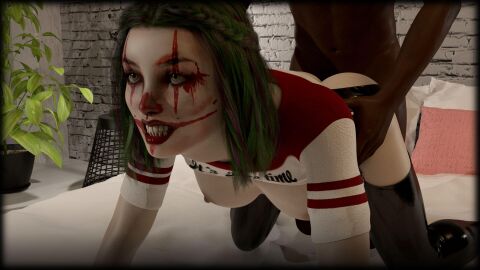 2024 3d all_fours bed bedroom black_thighhighs breasts breasts_out clothed clothed_female_nude_male clothing clown clown_girl clown_makeup dark-skinned_male dark_skin female gonzostudios green_hair indoors light-skinned_female light_skin male nude on_all_fours on_bed pale-skinned_female pale_skin purple_hair straight thighhighs two-tone_hair