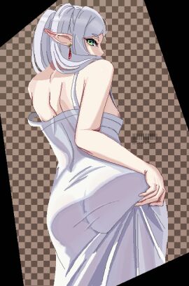 1girls ass ass_grab back_view breasts earings elf elf_ears female frieren frieren_beyond_journey's_end green_eyes looking_back pajamas shotaalter small_breasts solo_focus sousou_no_frieren white_hair