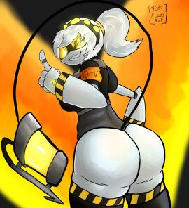 1girls ass ass_focus female female_only glasses glitch half_naked murder_drones nah_cuz_fr_where_did_the_bobcut_go??? ponytail robot tagme tofudoesart v_(murder_drones) where_did_the_bobcut_go white_hair yellow_eyes