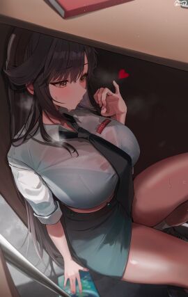 absurdres black_hair black_necktie black_skirt blance blush bra_visible_through_clothes breasts closed_mouth desk female goddess_of_victory:_nikke handjob_gesture heart highres large_breasts marciana_(nikke) marciana_(school_days)_(nikke) midriff navel_piercing necktie pencil_skirt piercing practicing revision see-through_clothes see-through_shirt sexually_suggestive shirt skirt socks solo sweat thighs under_the_table white_shirt yellow_eyes