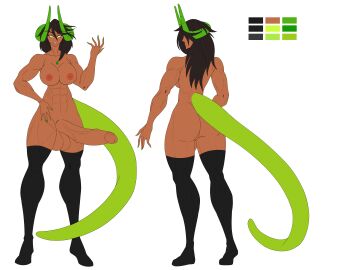 1futa abs balls big_balls big_penis brown_hair bulge bulge_through_clothing character_sheet dark-skinned_futa dark_skin dragon_girl dragon_horns emerald_(gem) emerald_(xxspiegel) erect_penis erection female futanari green_eyes green_horn hybrid intersex jewelry long_hair muscular muscular_futa naked naked_futa nude oc original original_character penis solo tail tall_female thick_penis thick_thighs thighhighs veiny_penis white_background xxspiegel