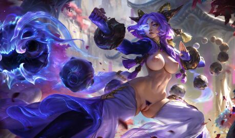 breasts_out female_pubic_hair large_breasts league_of_legends muscular naked_female official_art official_artwork_edit pussy_cutout riot_games yunara yunara_(league_of_legends)