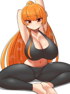 1girls big_breasts breasts female huge_breasts humanized light_skin long_hair nobunagapero orange_hair original_character stretching sweat tagme