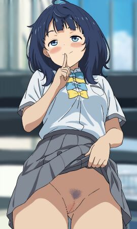 1girls big_breasts blue_eyes blue_hair blush breasts busty censored clothes_lift female female_only finger_to_mouth half-closed_eyes highres large_breasts legs lifting_own_clothes looking_at_viewer make_heroine_ga_oo_sugiru! medium_hair mosaic_censoring naughty_face presenting pubic_hair pussy school_uniform shushing skirt skirt_lift smile solo thighs voluptuous yanami_anna
