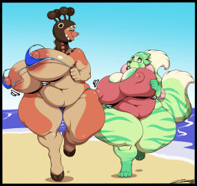2023 2_tails 4_toes 5_fingers anthro areola beach big_breasts bikini black_border border breasts buizel cleavage closed_eyes clothed clothing deonwolf digital_media_(artwork) duo eyelashes farigiraf feet female fingers generation_4_pokemon generation_9_pokemon giraffe hooves huge_breasts mammal multi_tail mustelid musteline nintendo nipple_outline nipples non-human_areolae overweight overweight_anthro overweight_female pokemon pokemon_(species) purple_eyes running seaside signature swimwear tail thick_thighs toes wardrobe_malfunction wide_hips
