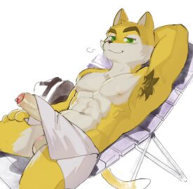 abs absurd_res alex_gordon alex_gordon_(copyright) anthro armpit_hair balls body_hair chair clothed clothing domestic_cat erection eyebrows felid feline felis foreskin furniture gay gay_male genitals green_eyes hi_res kogito lying male mammal muscular muscular_anthro muscular_male navel on_back on_chair pecs penis prick_ears raised_arm smile solo topless topless_anthro topless_male towel towel_around_waist uncircumcised uncut yaoi