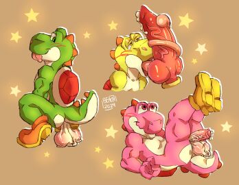 anthro balls beachedboy bodily_fluids bowser dinosaur gay genitals green_yoshi group hi_res knot knotted_penis long_tongue male male/male mario_(series) nintendo oral penis pink_yoshi prehistoric_species reptile saggy_balls scalie slim super_mario_bros. tongue yellow_yoshi yoshi