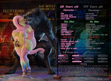 1boy 1girls anthro anthro_male anthro_on_anthro black_body black_fur blue_eyes blush character_bio character_profile character_sheet claws cutie_mark feet female fluttershy_(mlp) hand_on_hip heels high_heels hooves-art horse horse_girl larger_male licking_face long_eyelashes long_hair long_tongue male midriff mostly_nude my_little_pony navel non-human panties partially_clothed pink_hair pink_nails pink_panties pink_sweater platform_heels sharp_teeth smaller_female sweater thick_thighs toeless_footwear werewolf wide_hips wolf wolf_boy yellow_body yellow_fur yellow_skin