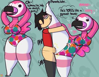 animal_crossing anthro avian big_breasts bird bouncing_breasts breasts cleavage clenched_teeth clothed clothing duo female flamingo flora_(animal_crossing) half-closed_eyes hands_behind_back heart_eyes heart_symbol hi_res human inviting klutzatdusk larger_female leotard looking_pleasured male male/female mammal narrowed_eyes nintendo one_leg_up penetration pussy raised_leg sex shaking shaking_hips size_difference skimpy standing standing_sex stomach_bulge teeth thick_thighs vaginal_penetration villager_(animal_crossing) wide_hips