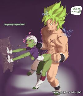 1boy 1girls abs ass battle bottomless breasts breasts_out broly broly_(dragon_ball_super) cheelai clothed_female_nude_male completely_nude cum cum_drip cum_in_pussy cum_on_ass cum_on_body deep_penetration dominant_female domination dragon_ball dragon_ball_super dragon_ball_z exposed_breasts female fight green_hair green_skin heels long_hair looking_pleasured male muscular muscular_male nude orgasm petite pleasure_face pushing pussy scar senin short_hair size_difference small_breasts smaller_female smaller_penetrated smollb_nsfw text text_bubble tongue tongue_out white_hair