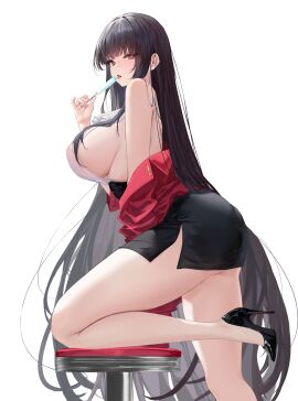 1girls absurdres alvitr_(azur_lane) alvitr_(muspel's_torrid_secrets)_(azur_lane) azur_lane backless_shirt bare_shoulders black_footwear black_hair black_skirt breasts cute cute_face dido_(magicc) emotionless emotionless_female female food from_side heavenly_ass high_heels highres holding holding_food holding_popsicle indifference indifferent iron_blood_(azur_lane) jacket large_breasts light-skinned_female light_skin long_hair looking_at_viewer miniskirt nipples_visible_through_clothing off_shoulder official_alternate_costume pencil_skirt popsicle red_eyes red_jacket rimless_eyewear round_eyewear shirt sideboob sideless_shirt simple_background skirt solo thick_thighs thighs tongue tongue_out unamused unbothered uncaring underbutt unenthusiastic very_long_hair white_background white_shirt wholesome